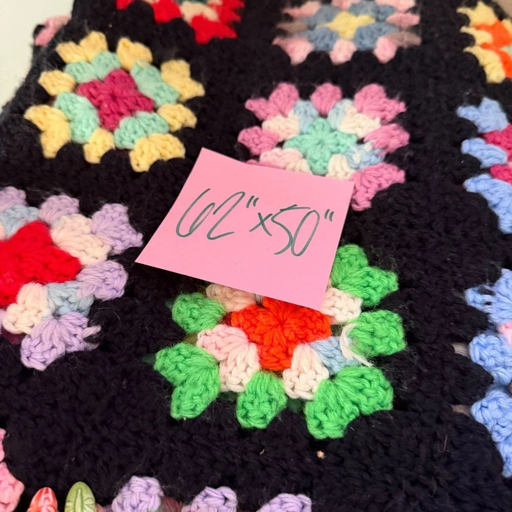 Vintage Handmade Crochet Granny Square Blanket Multi Color Black Afghan 62x50